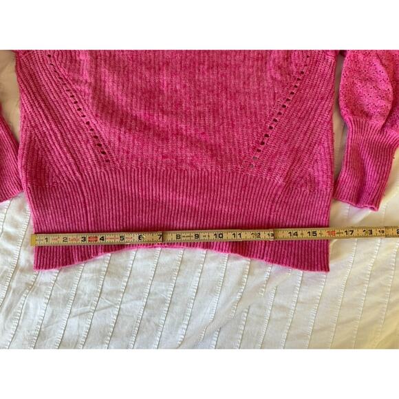 SAKS FIFTH AVENUE Cotton Wool Blend Hot Pink Sweater Puff Sleeve Cropped Size M - Picture 9 of 11